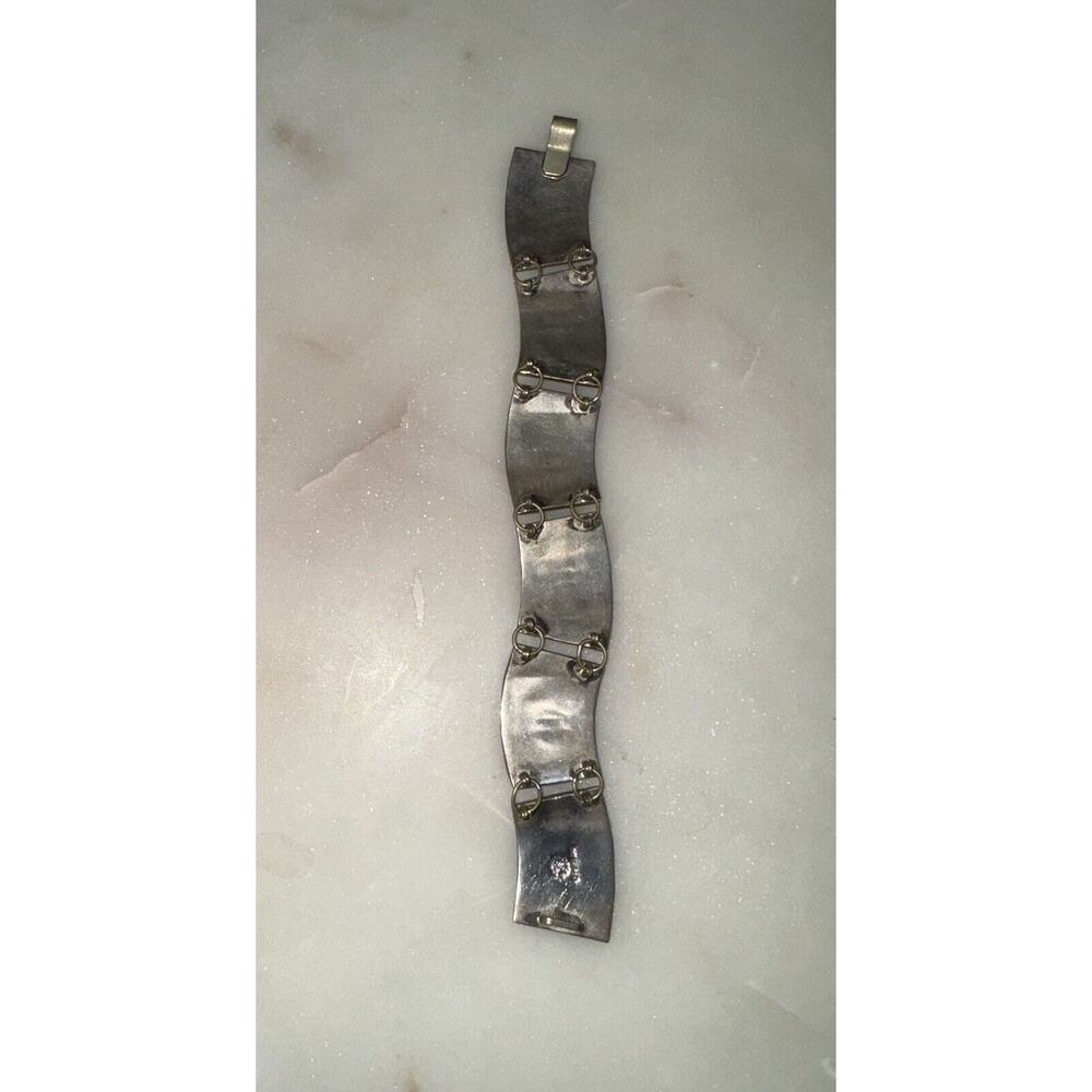 Vintage Sterling Silver Brass Turquoise Inlay Panel Bracelet Hencho En Mexico - Picture 9 of 14